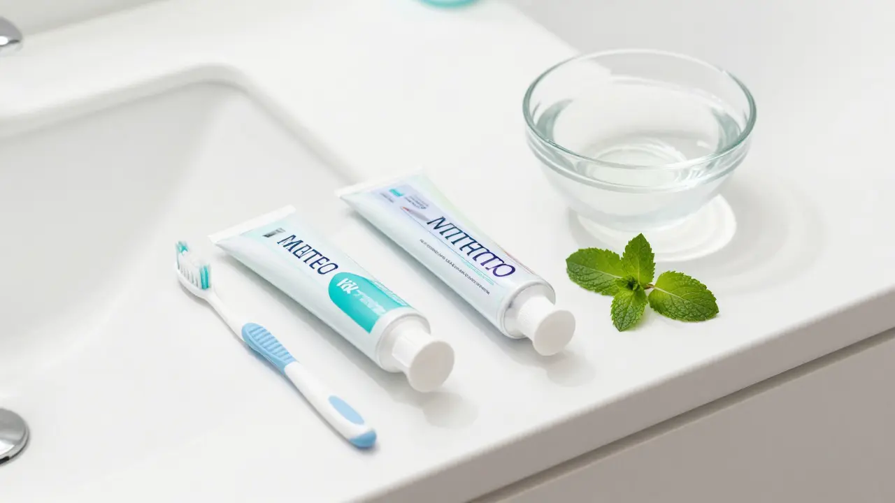 Sada pro kompletní péči o zuby včetně bělící a fluoridové pasty a mezizubních kartáčků.