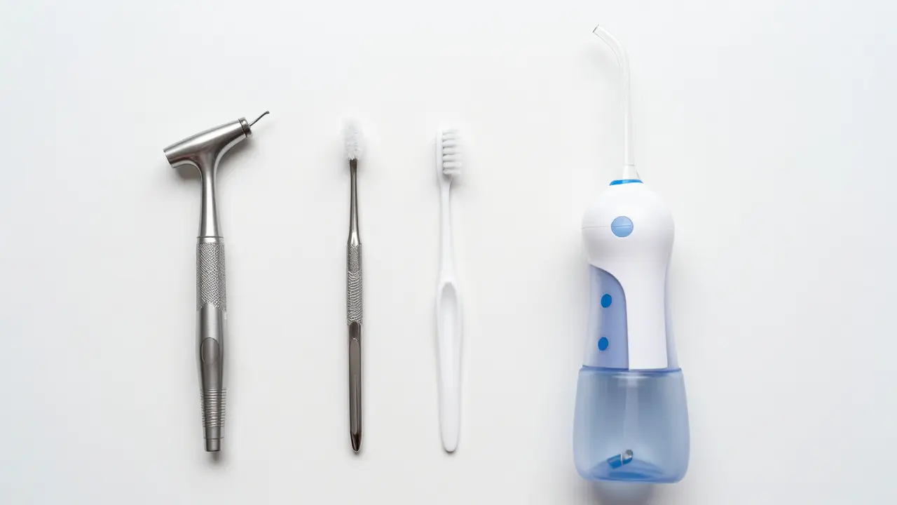 Sada profesionálních nástrojů pro dentální hygienu a prevenci kamene.