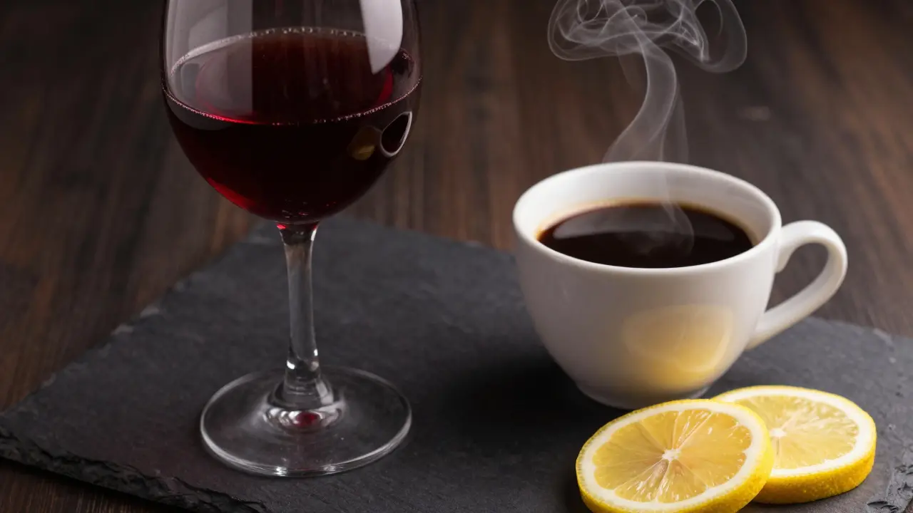 Sklenice červeného vína, káva a citróny jako zdroje pigmentace zubů.