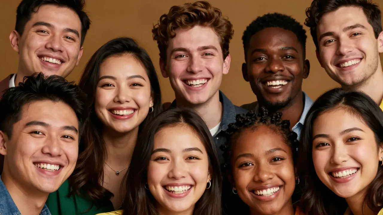 Skupina lidí s mezerami mezi zuby se sebevědomě usmívá, oslavující jedinečnost a přirozené krásy.