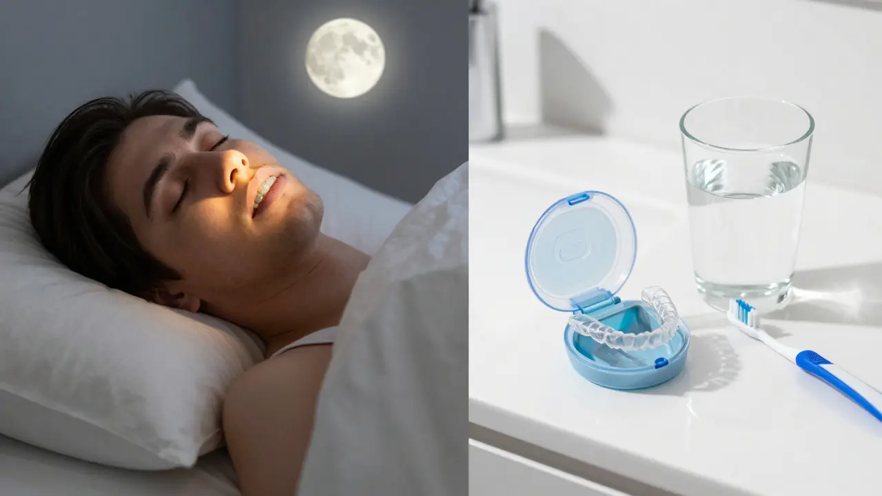 Snímatelná rovnátka v ochranném pouzdře vedle kartáčku na zuby v čisté koupelně.