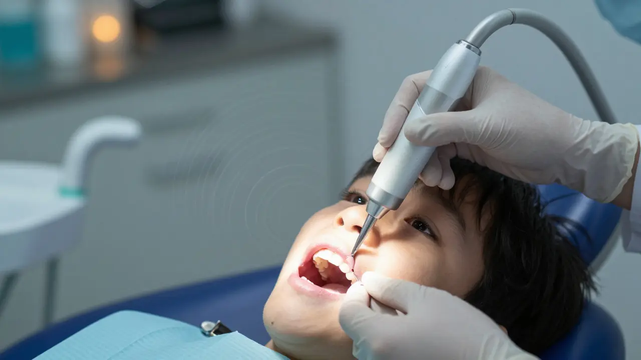 Stomatolog čistící zuby dítěte pomocí ultrazvukového zařízení.