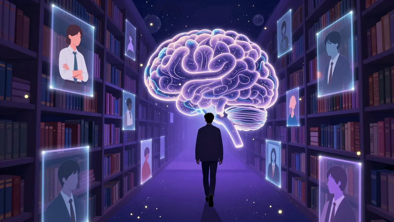 Surrealistická knihovna představující lidské podvědomí a symbolické postavy.