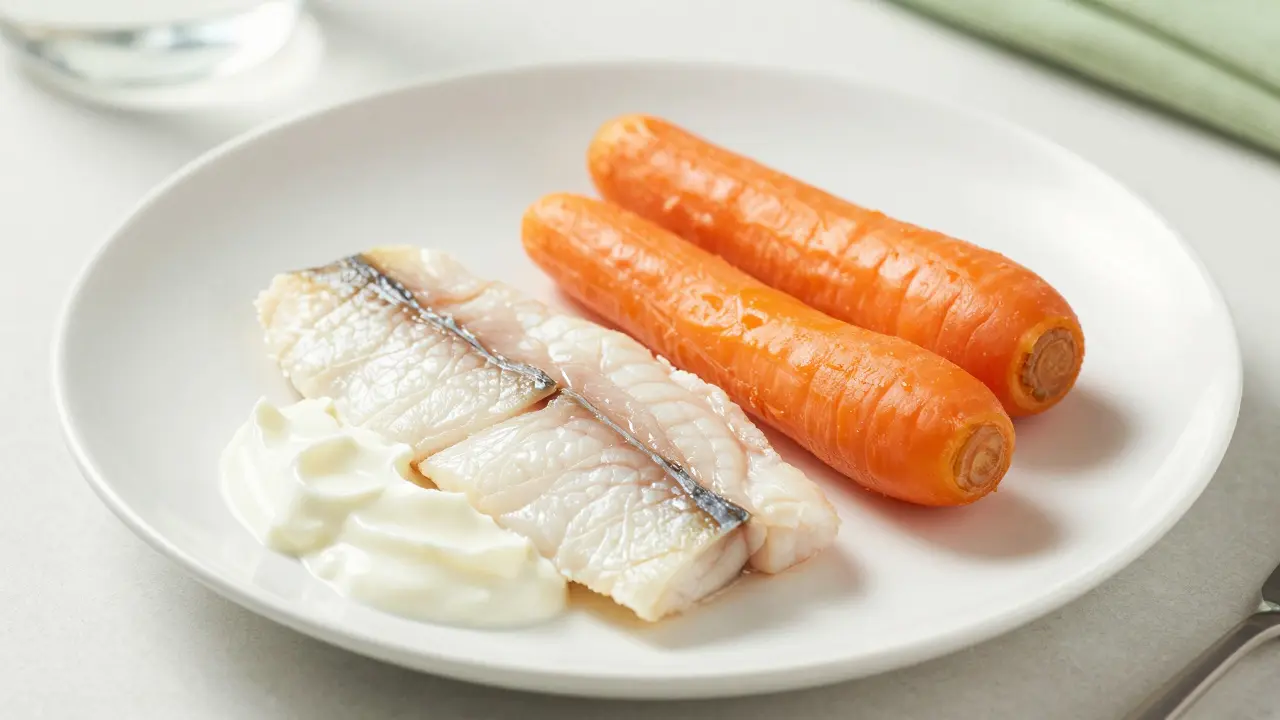 Tlačený talíř s měkkým jídlem: vařená ryba, mrkev a jogurt.