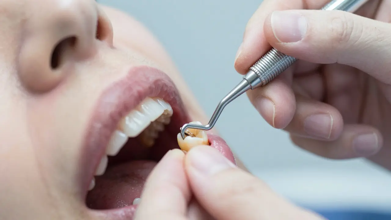 Zubní hygienistka používá curetu k profesionálnímu odstranění kamene.