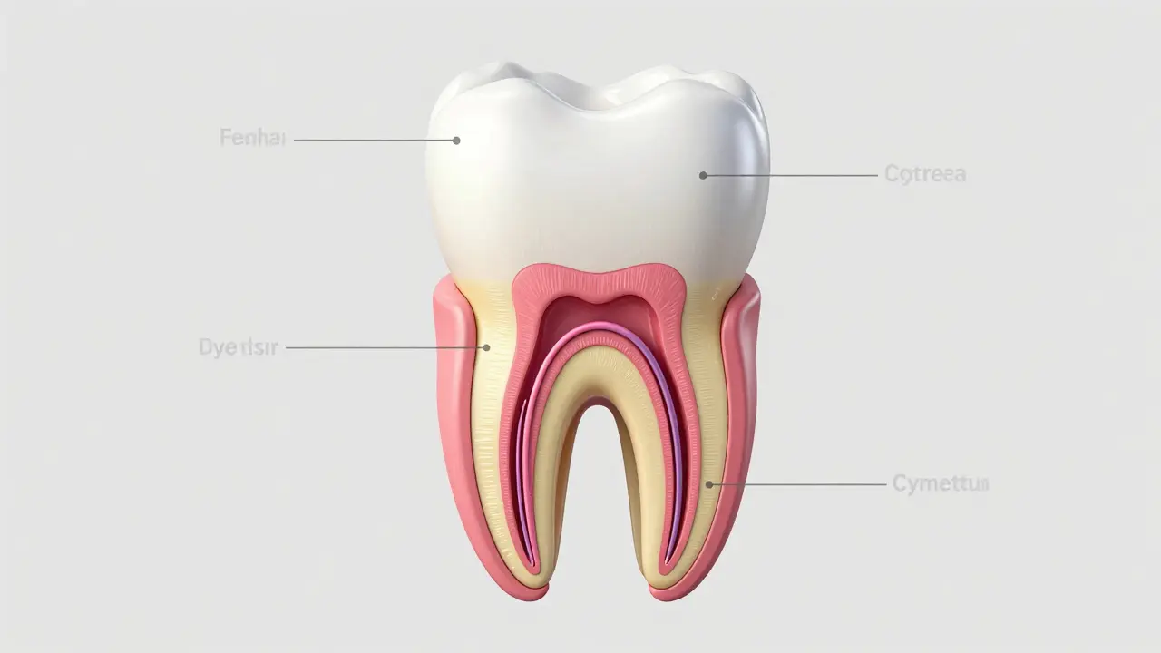 3D anatomický řez zubu ukazující email, dentin a pulpu