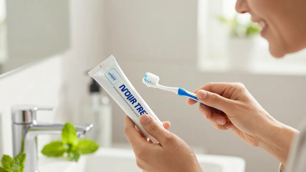 Dospělý používající fluoridovou pastu a mezizubní nit pro prevenci