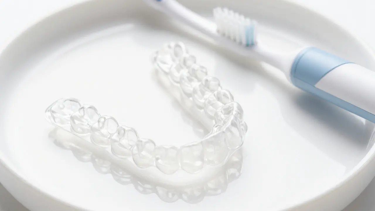 Průhledná rovnátka na čistém povrchu vedle zubní hygieny