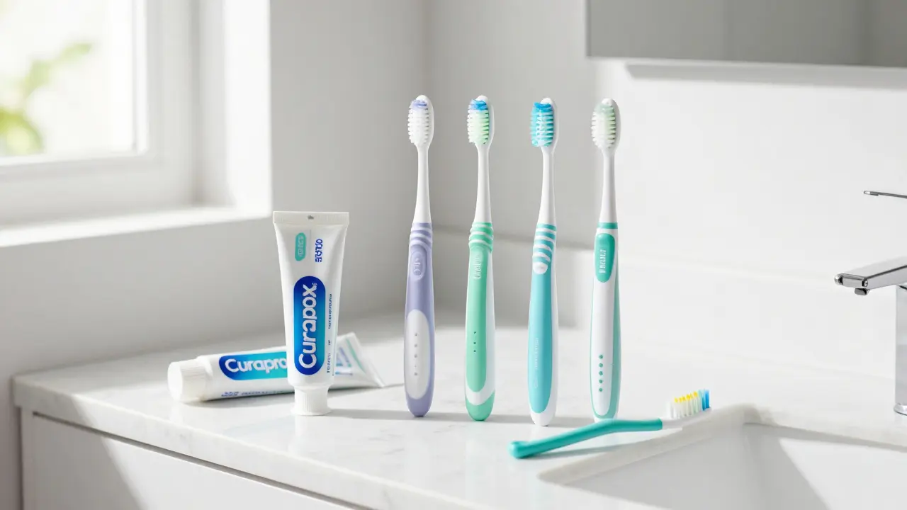 Různé modely zubních kartáčků Curaprox na mramorové desce