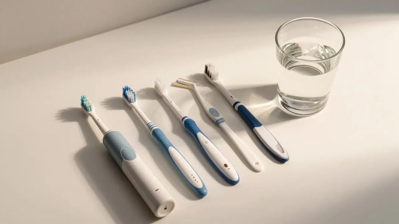 Sada pomůcek pro ústní hygienu včetně použitých a nových kartáčků