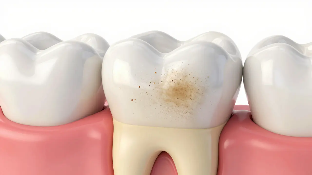 Schéma zubu ukazující sklovinu, dentin a odstraňování povrchových skvrn