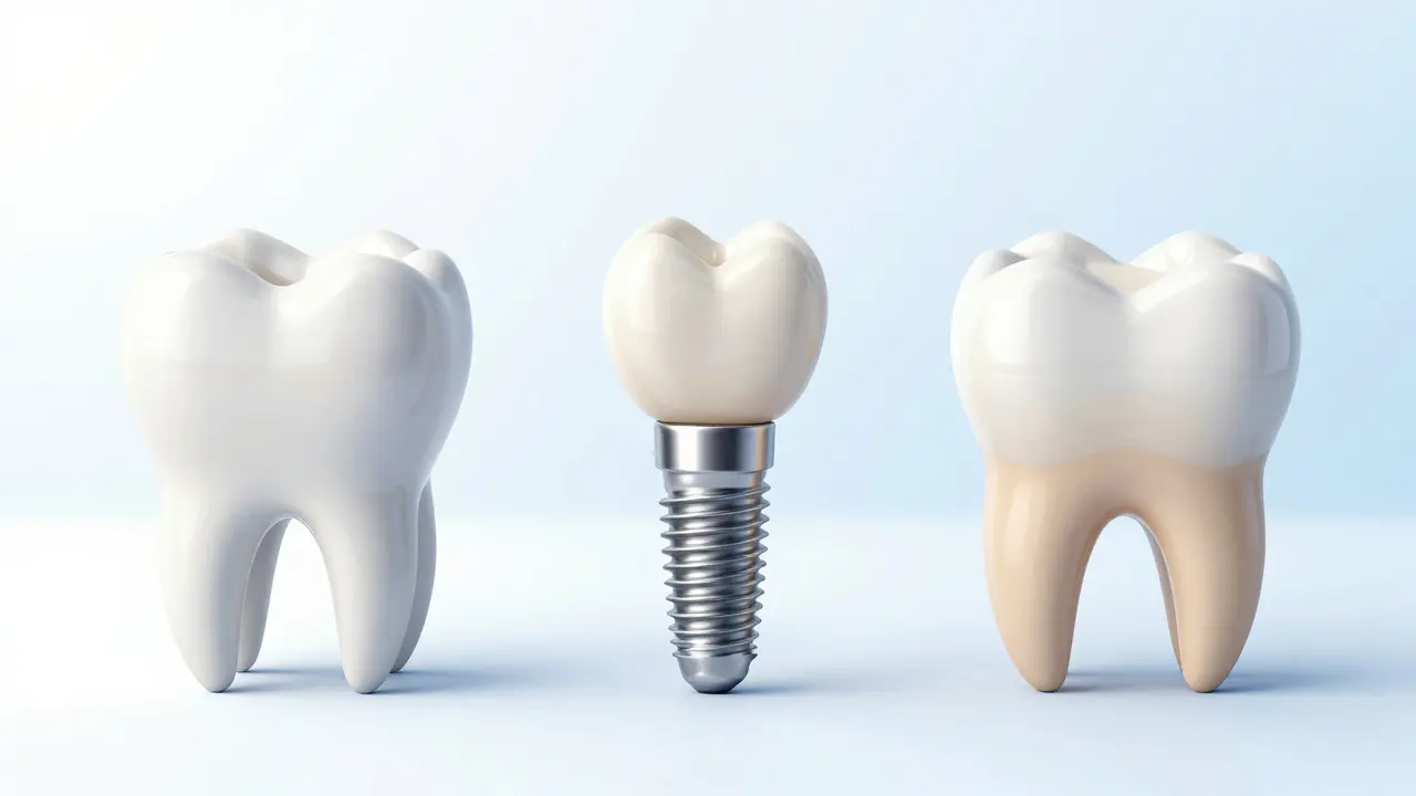 Srovnání zubního implantátu, mostu a inlaye