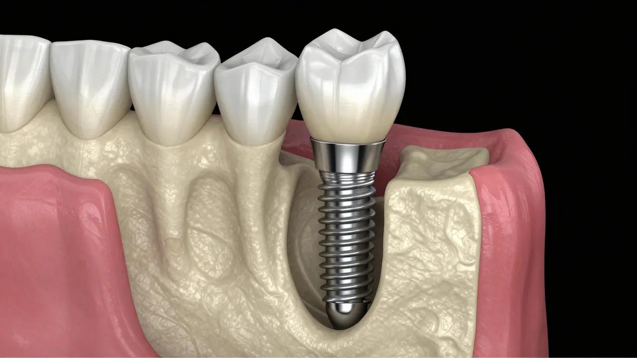 Titanový implantát v čelisti s keramickou korunou