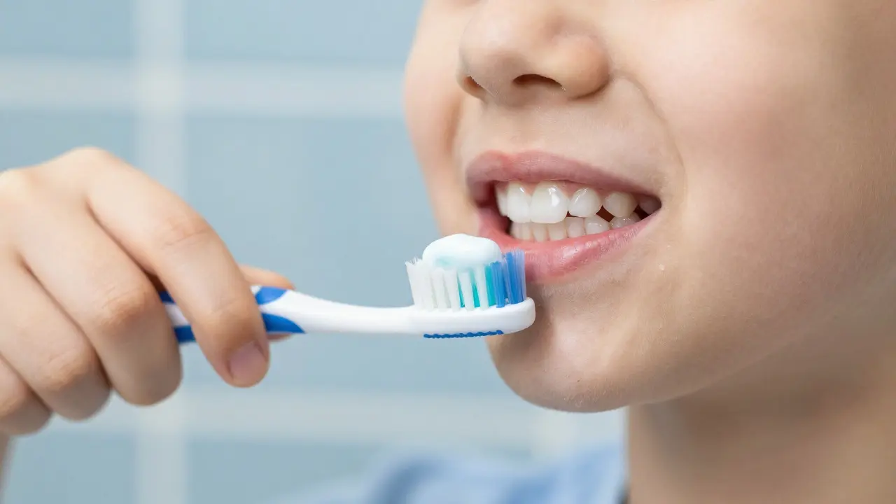 Záběr na čištění zubů kartáčkem a fluoridovou pastou
