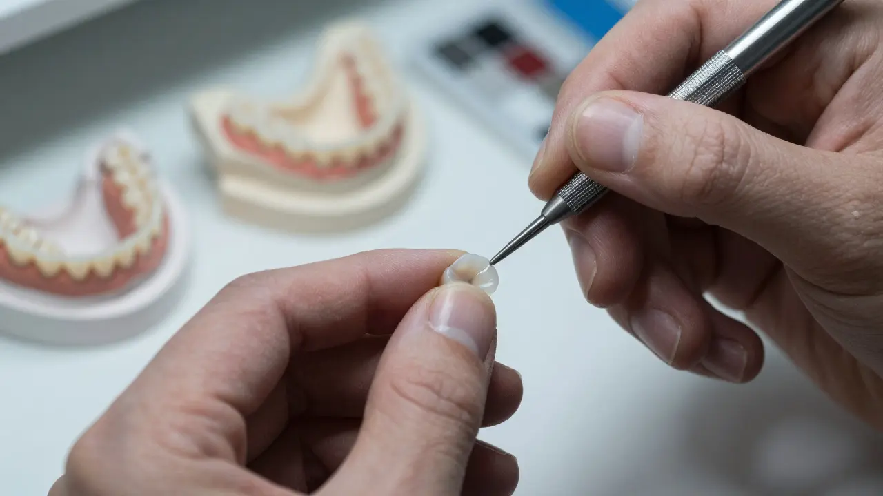 Zubní technik ručně zpracovává keramické fazety v laboratoři