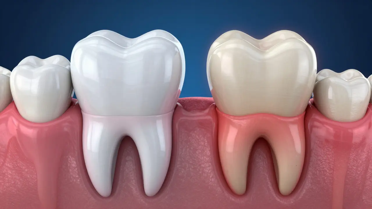3D porovnání zdravých a zanícených dásní s nárůstem plaku