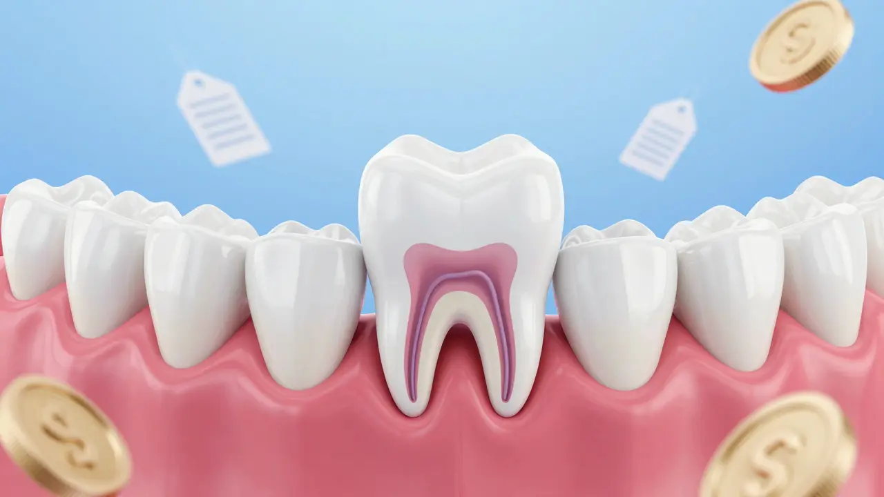 Anatomické zobrazení zlomeného předního zubu s viditelným nervem