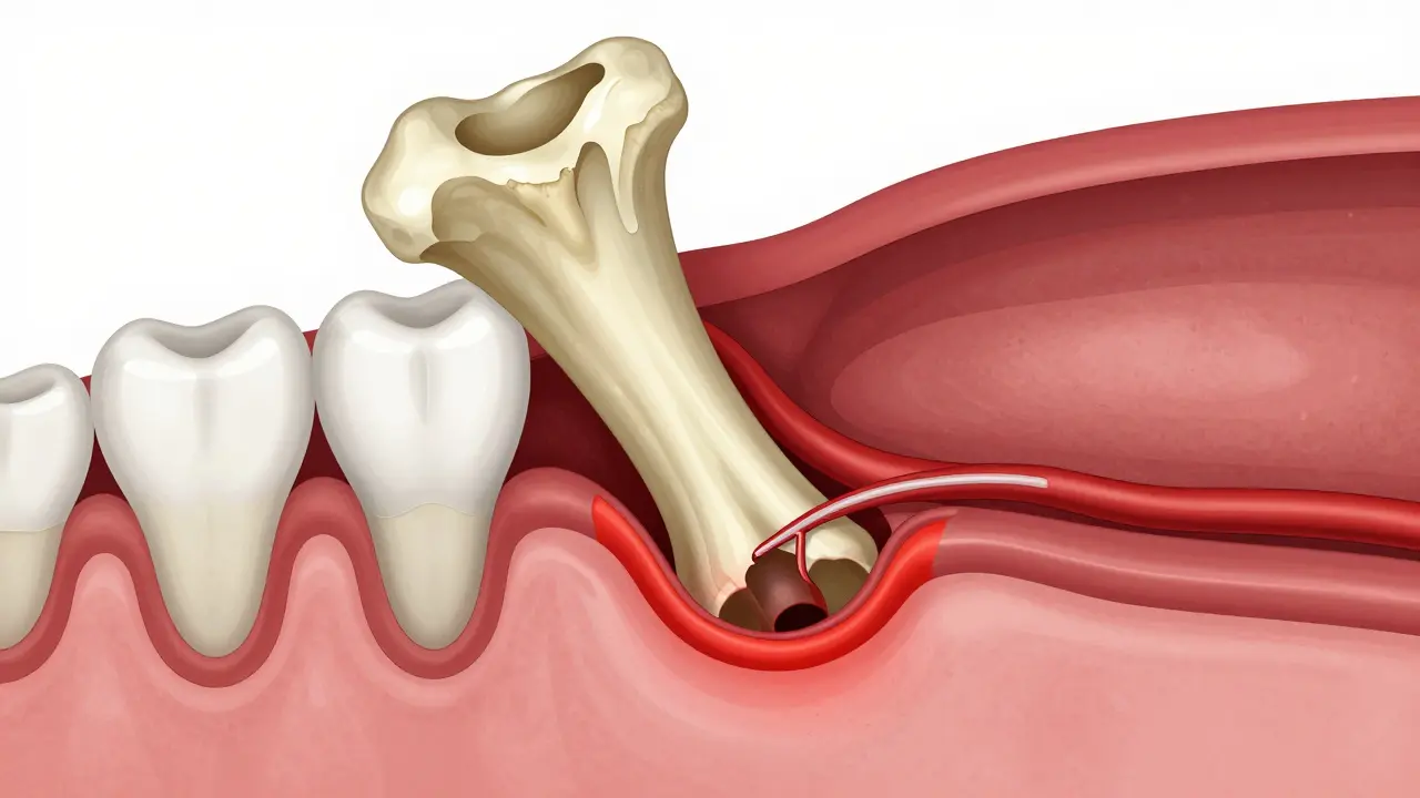 Anatomický řez zobrazující zlomený kořen a infekci v dásni
