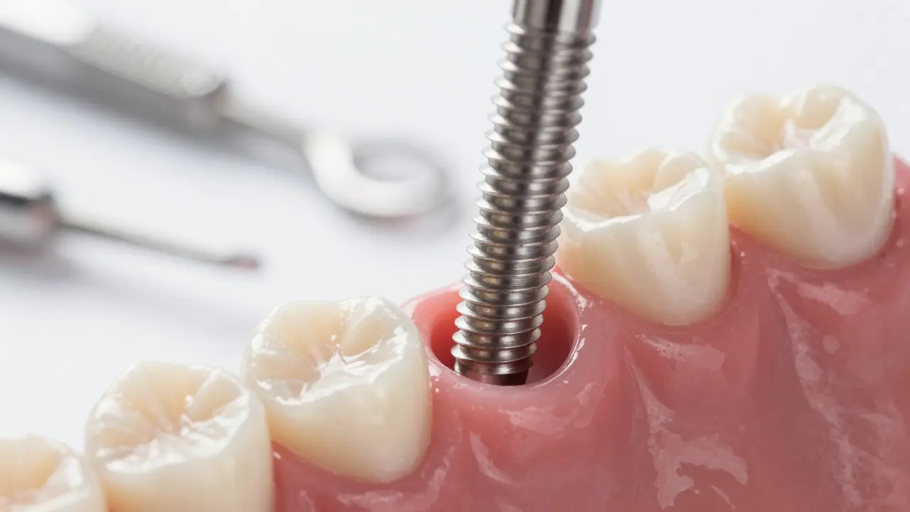 Detailní záběr titánového zubního implantátu v kosti při operaci
