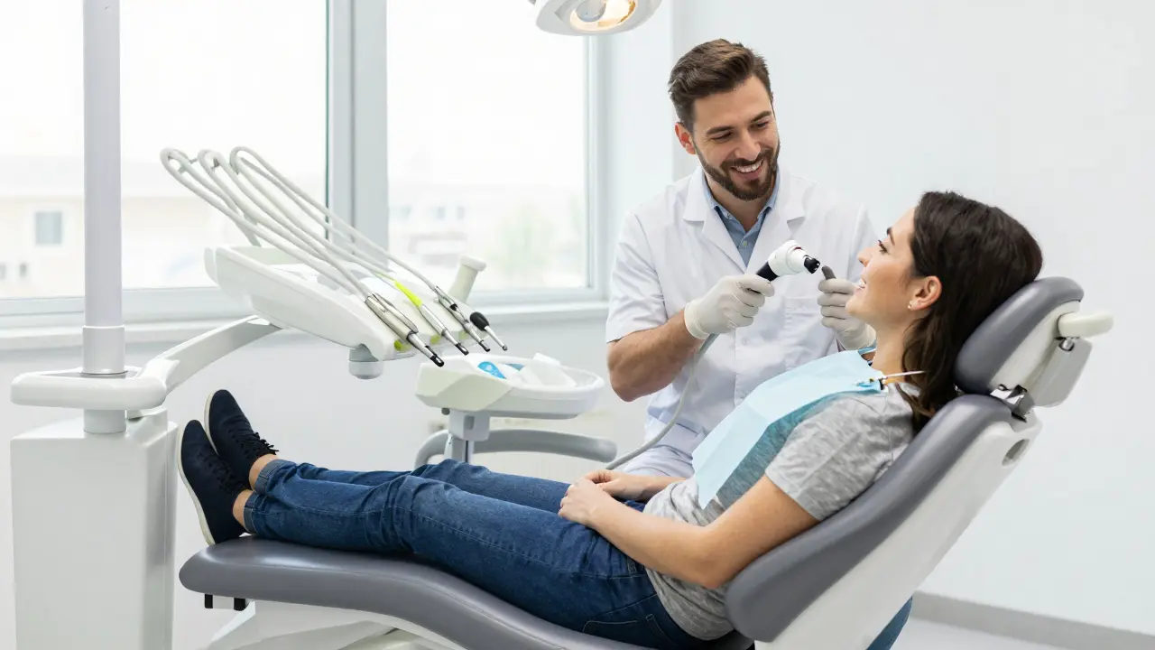 Pacient s dentistou při konzultaci a skenování zubů