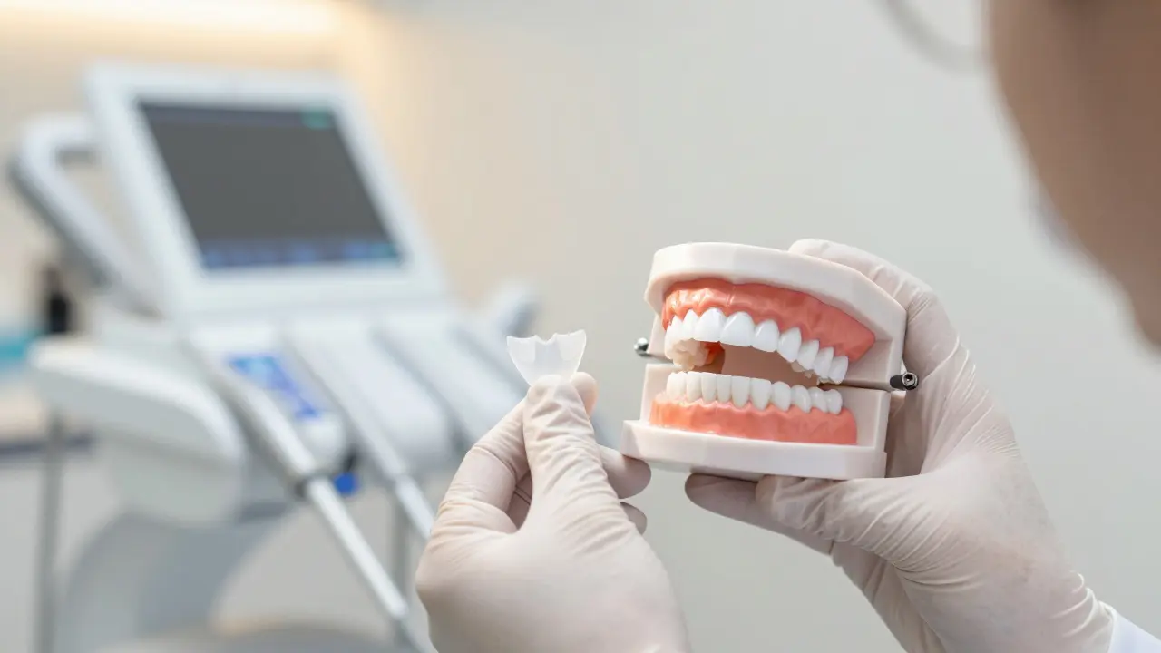 Zubní lékař drží keramickou fazetu vedle modelu dokonalého úsměvu