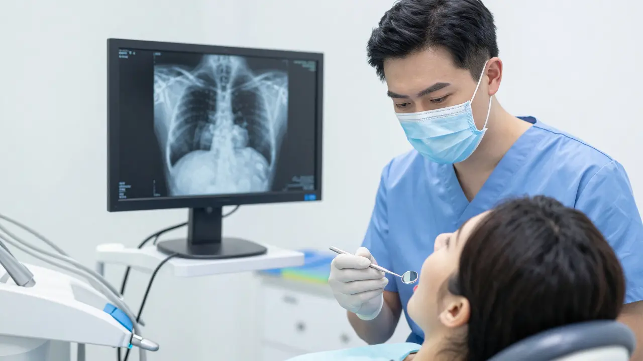 Zubní lékař vyšetřuje pacienta v ordinaci