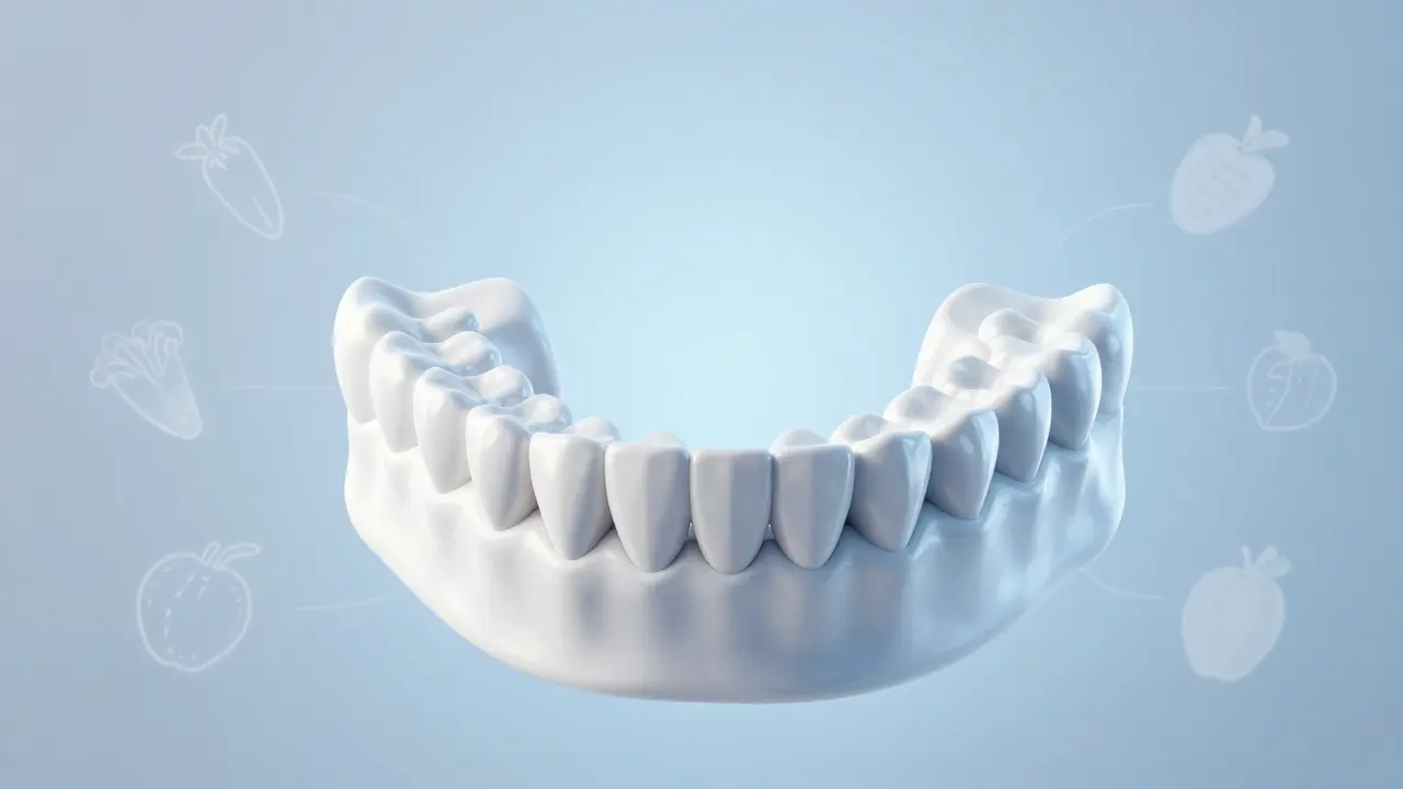 3D vizualizace zdravé čelisti s ikonami ovoce a zeleniny