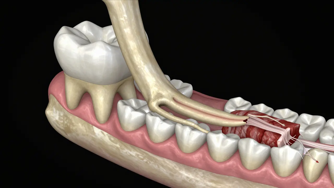Anatomický pohled na dlouhý kořen špičáku v čelisti při trhání masa
