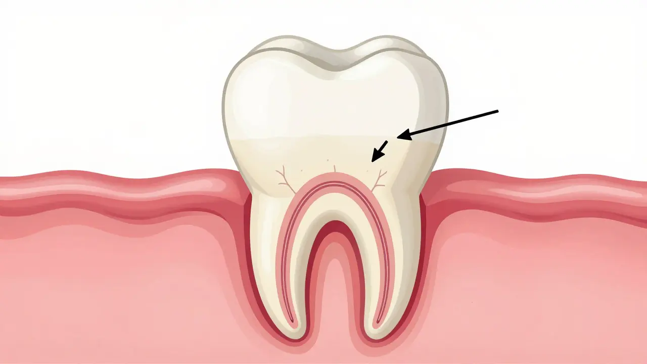 Anatomický průřez zubem ukazující sklovinu, dentin a nerv