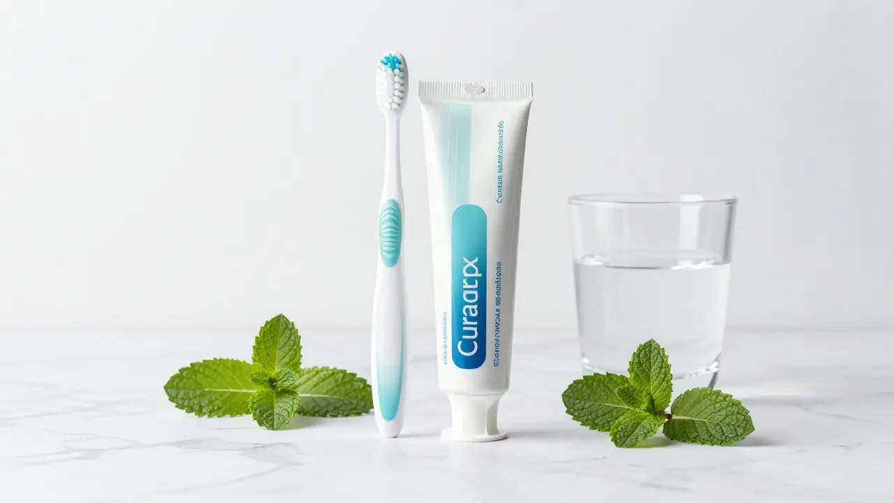 Kartáček Curaprox a gel Curasept na čistém pultu
