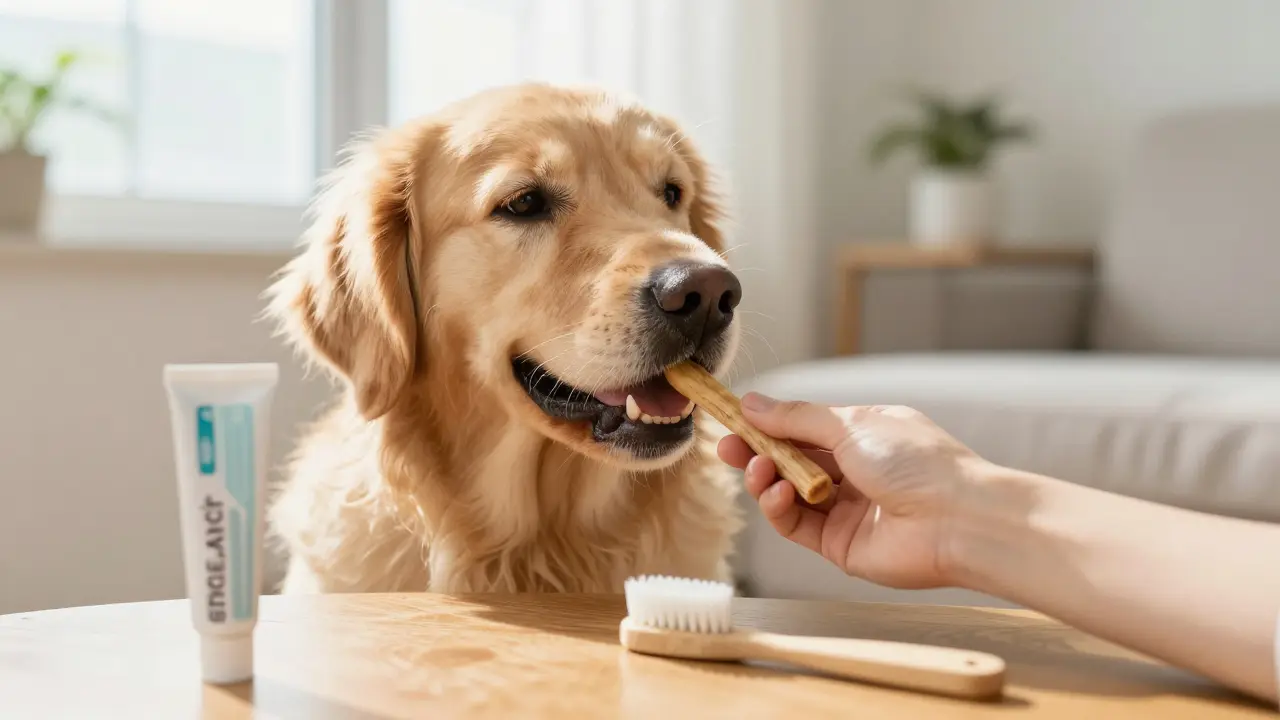 Pes přijímající dentalní pamlskem pro ústní hygienu