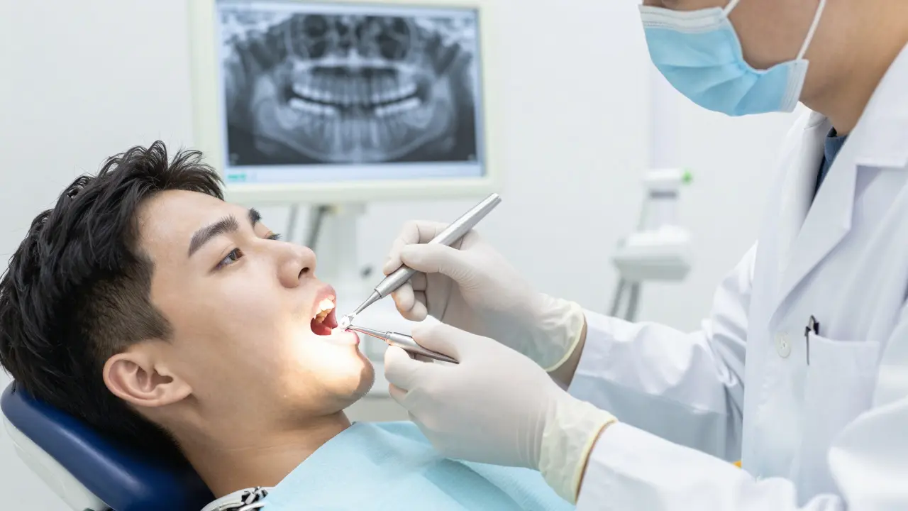 Zubní lékař provádí test vitality zubu