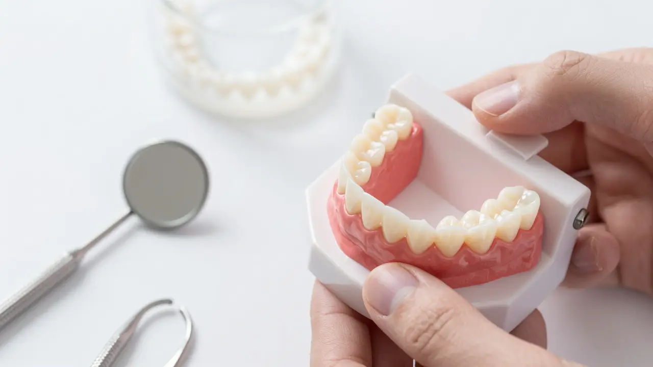 Zubní lékař ukazuje porcelánový viner vedle modelu zuba