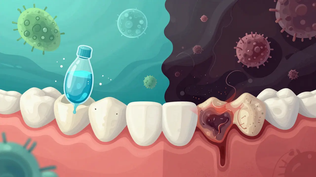 Abstraktní ilustrace ukazující rozdíl mezi prevencí a vznikem zubního kamene