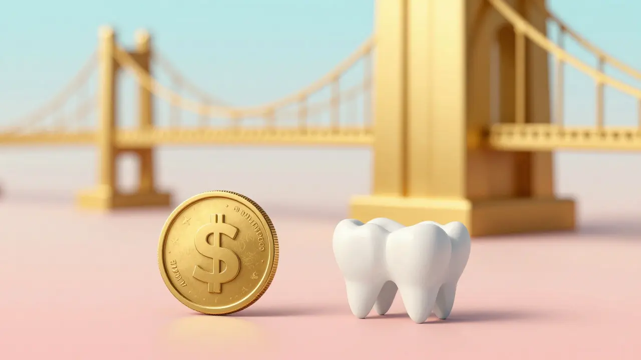 Konceptuální ilustrace cenových rozdílů mezi levnými zuby a drahými implantáty