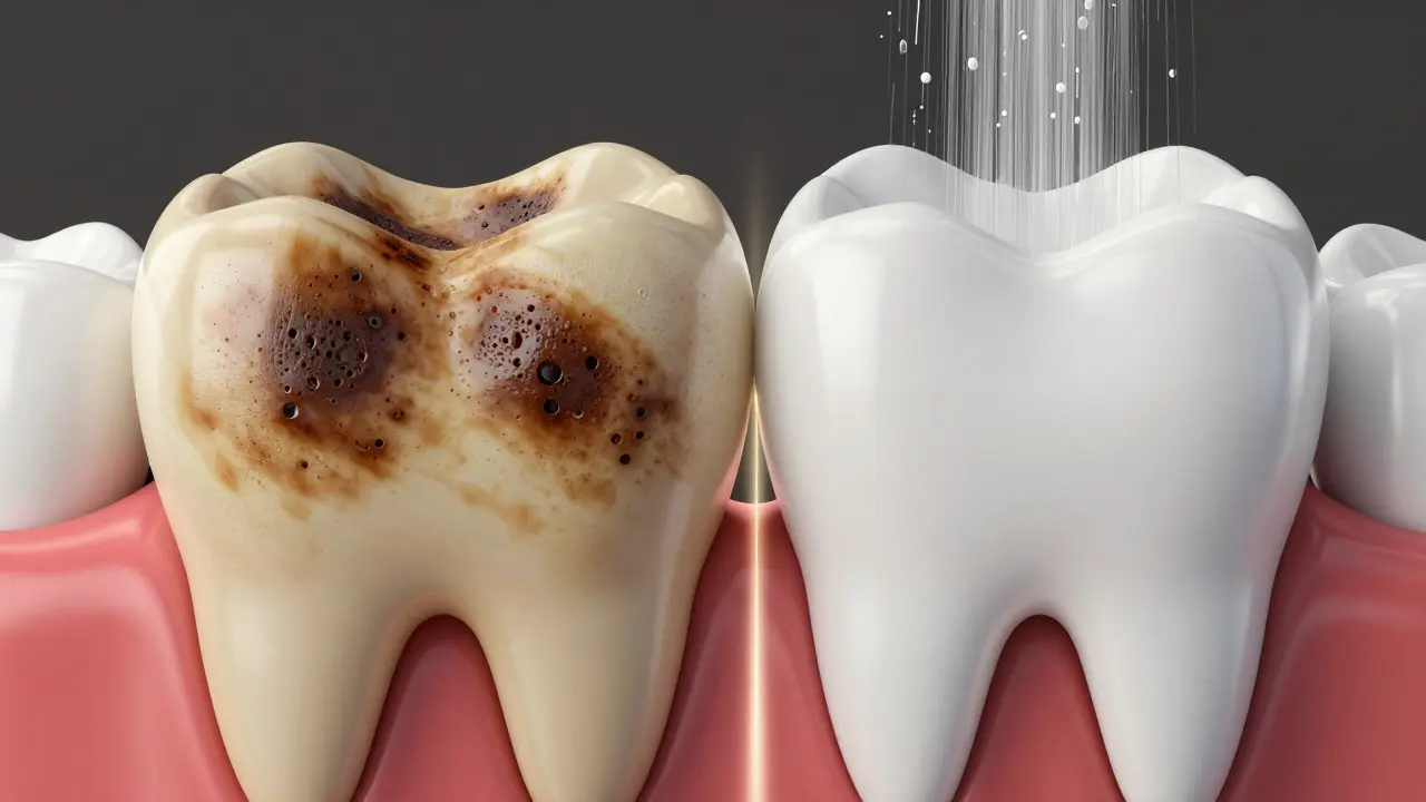 Porovnání skvrnitých a vyčištěných zubů v 3D grafice