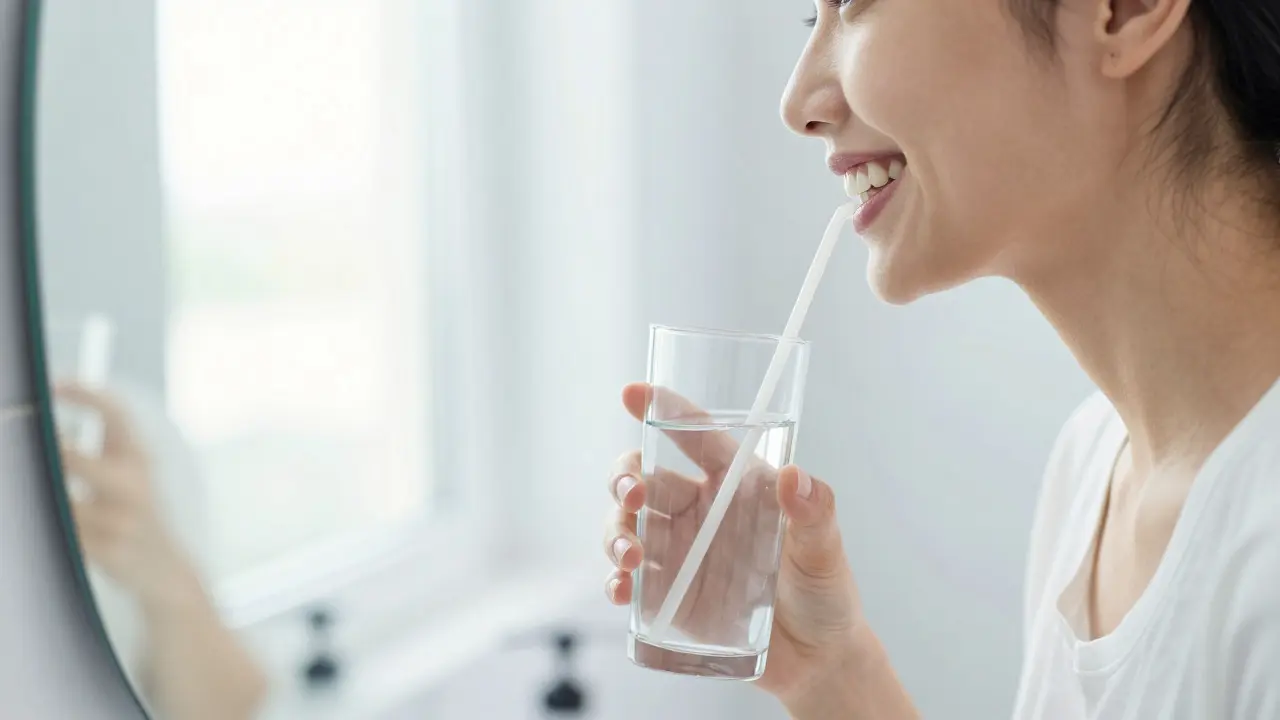 Úsměv osoby s bílými zuby držící sklenici vody se slamkou