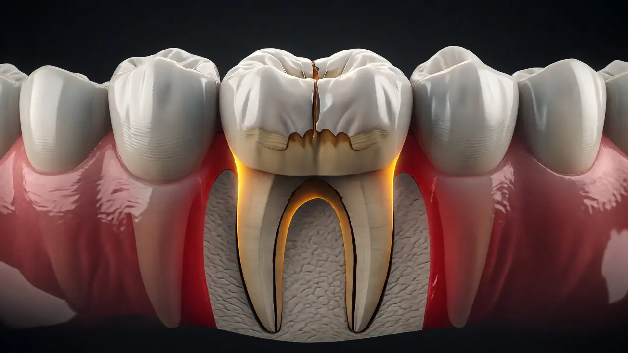 Anatomický řez zubem moudrosti ukazující kořeny a žvýkací plochu s rýhami.