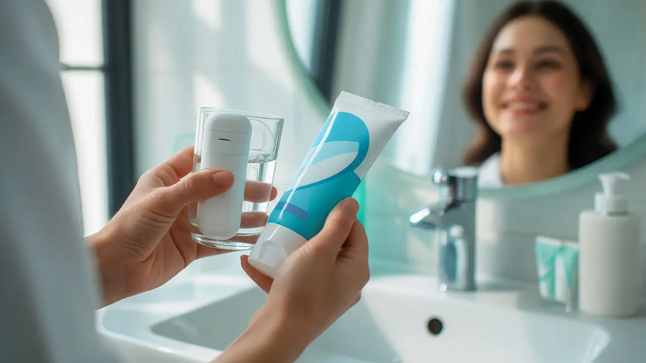 Hygienické potřeby jako pasta a nit pro prevenci kazů