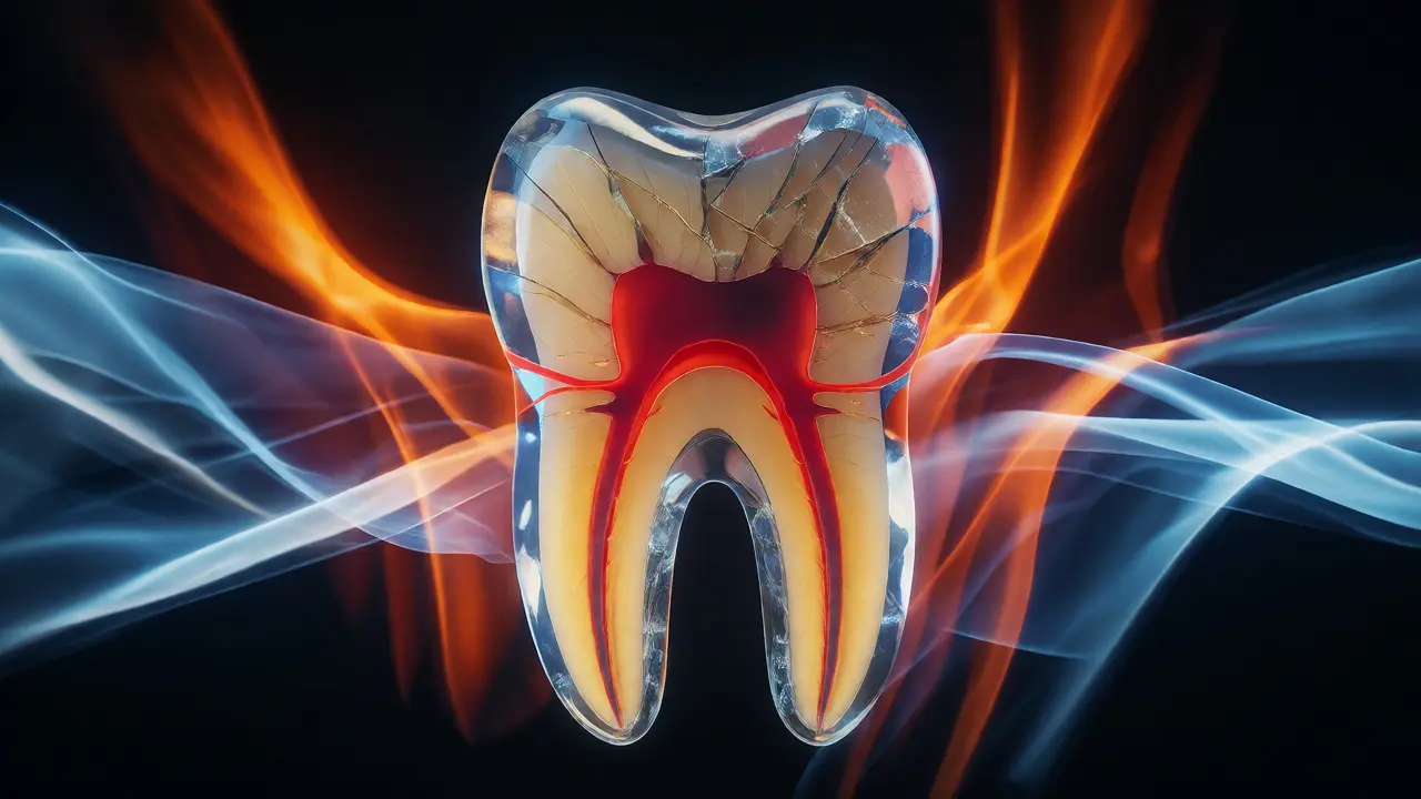 Ilustrace vnitřní struktury zubu s prasklinami zasahujícími do dentinu