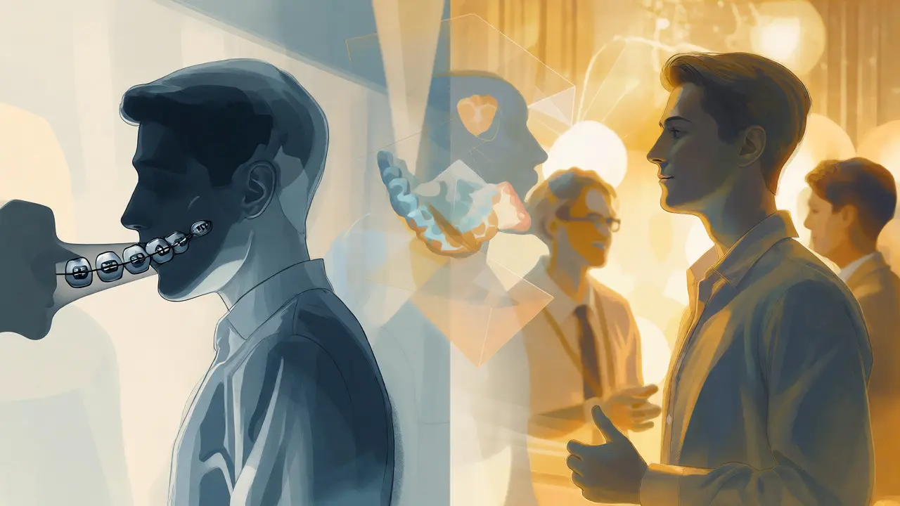 Konceptuální ilustrace přechodu od nejistoty k sebevědomí díky rovnátkům