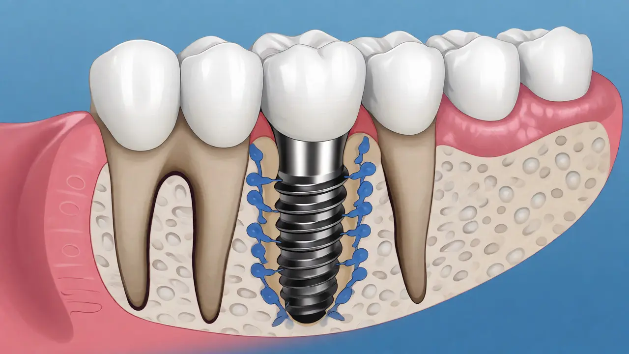 Lékařská ilustrace řezu čelistí s zubním implantátem integrovaným do kosti.