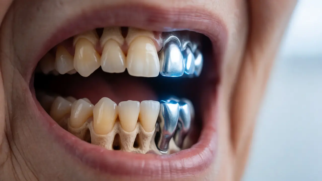 Makro pohled na zubní implantát v čelisti vedle přirozených kořenů zubů.