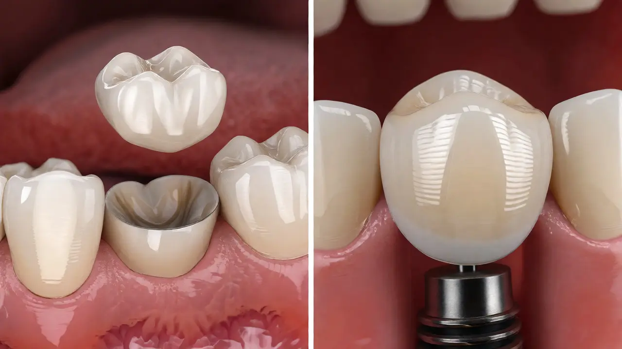 Porovnání provizorního můstku a trvalého keramického implantátu na zubech.