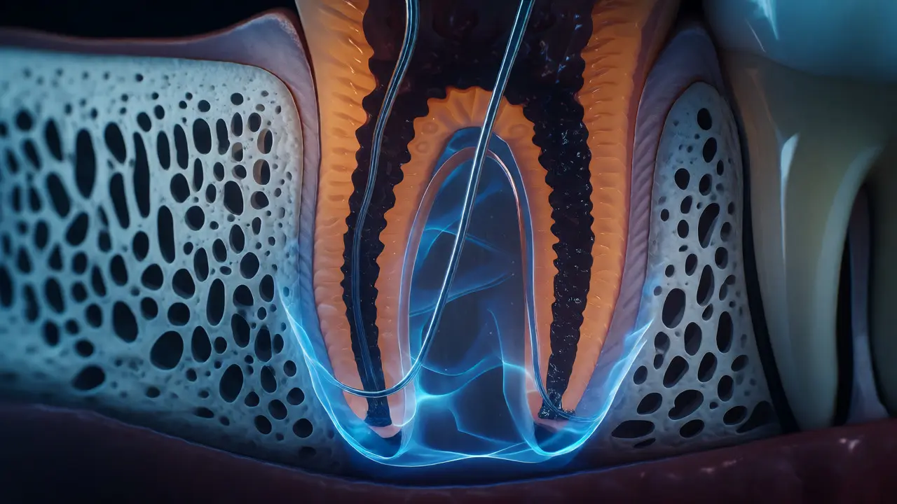 Průřez zubem při endodontickém ošetření kanálků s vizualizací hojící se kosti.