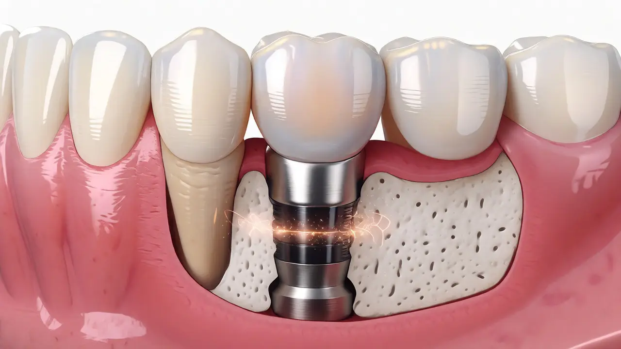 Řez čelistí zobrazující titanový implantát srostlý s kostí a zirkonovou korunku