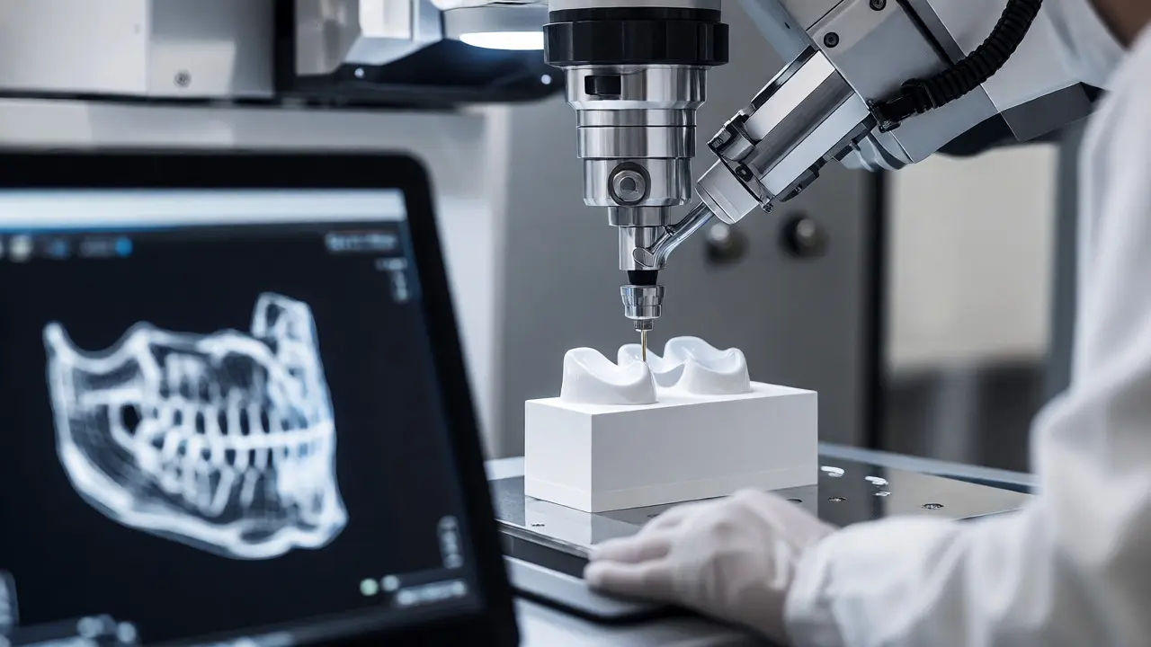 Robotická fréza vyřezává tenkou keramickou fazetu z bloku materiálu