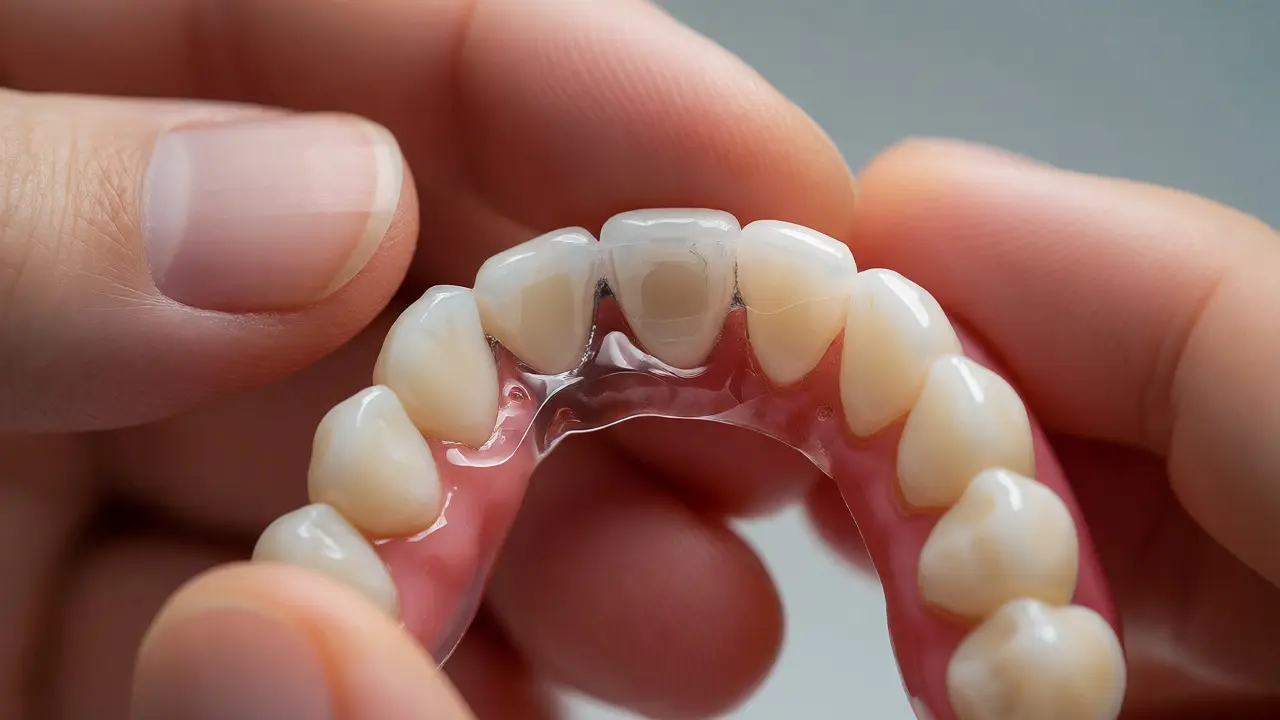 Ruce nanášejí dentální lepidlo na vnitřní stranu nalepovacích zubů