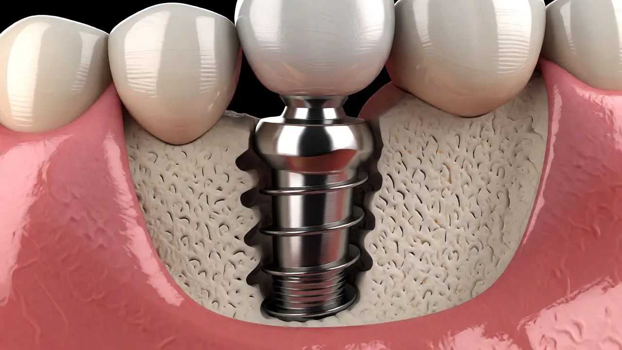 3D řez čelistí s titanovým zubním implantátem