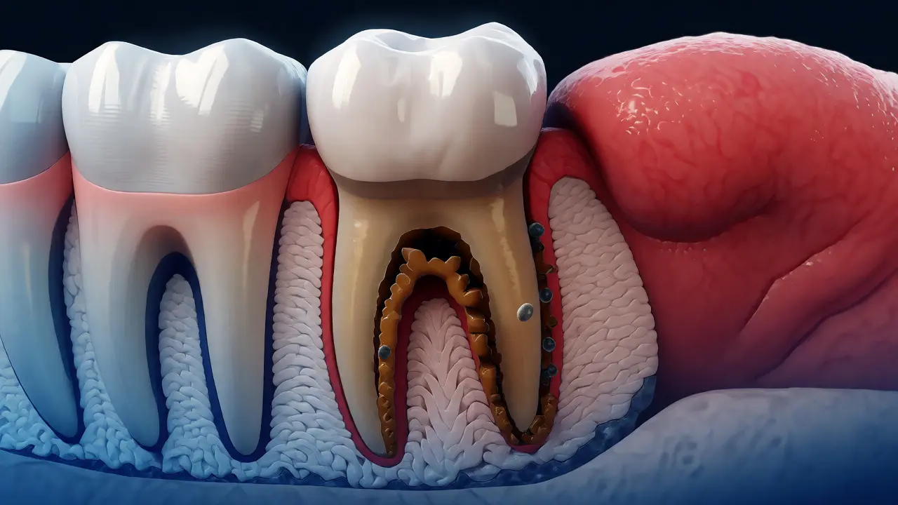Anatomický řez zubem ukazující kámen v parodontální kapse a ústup kosti.